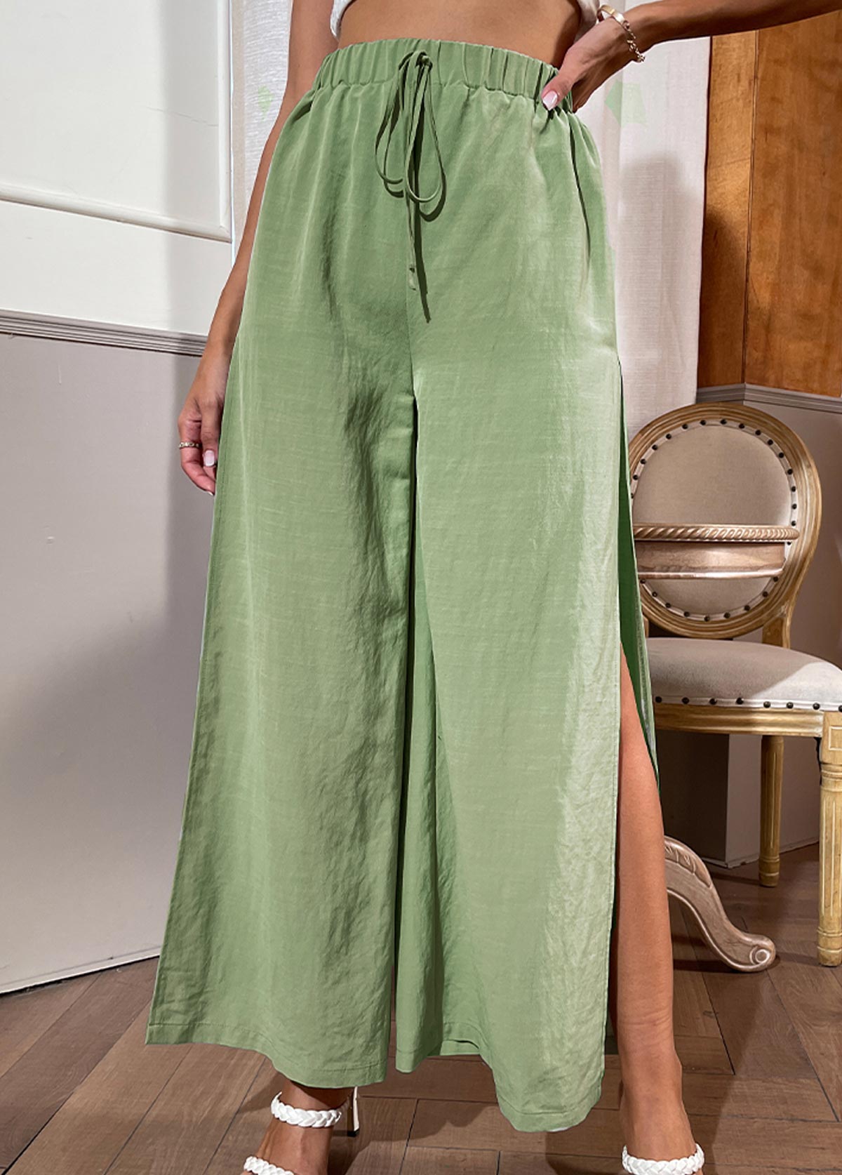 High Waisted Green Side Slit Pants