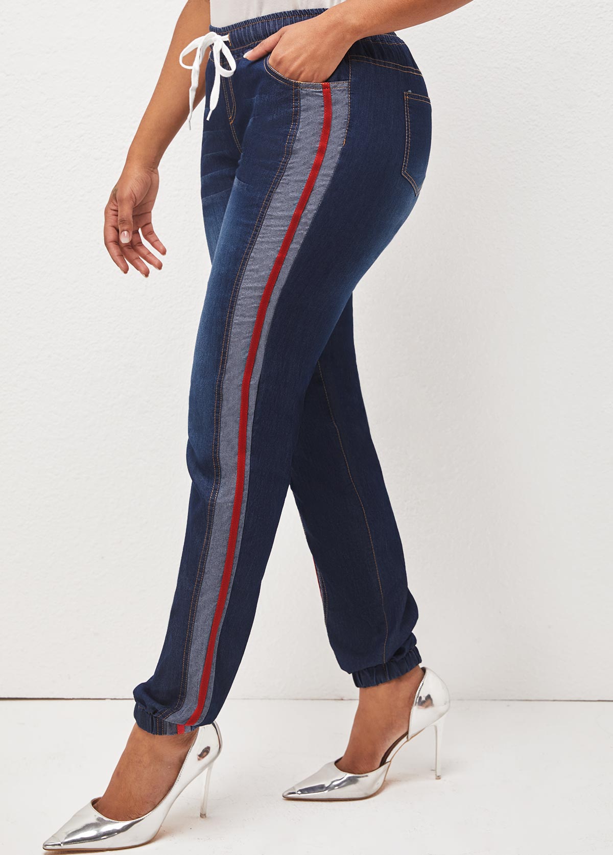 Drawstring Waist Pocket Denim Blue Jeans