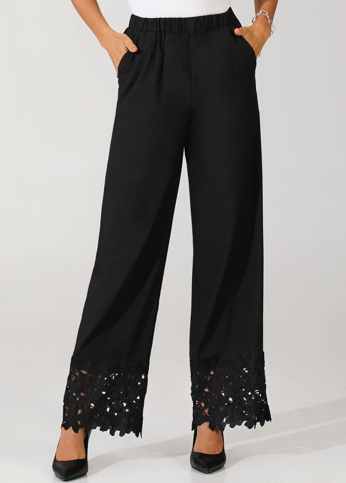 Lace Tape Hem High Waisted Black Pants