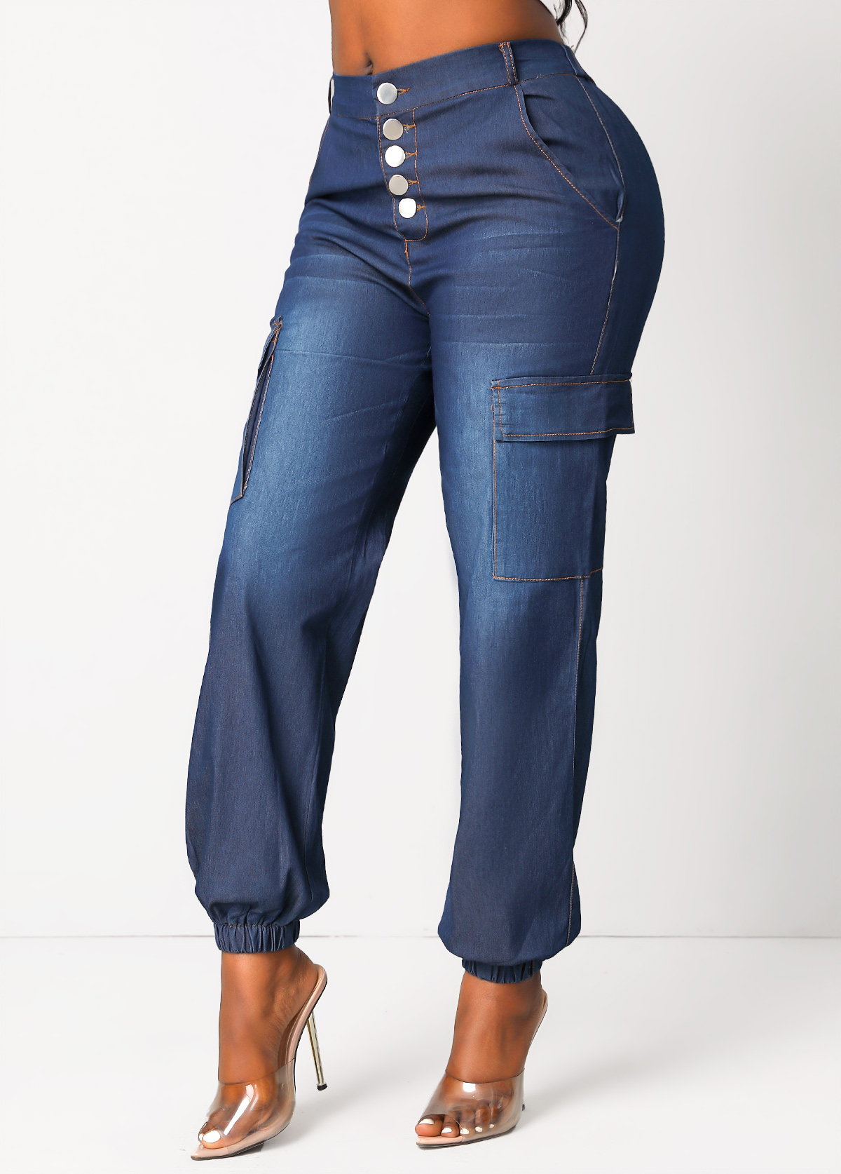 Dark Blue High Waisted Button Jogger Jeans