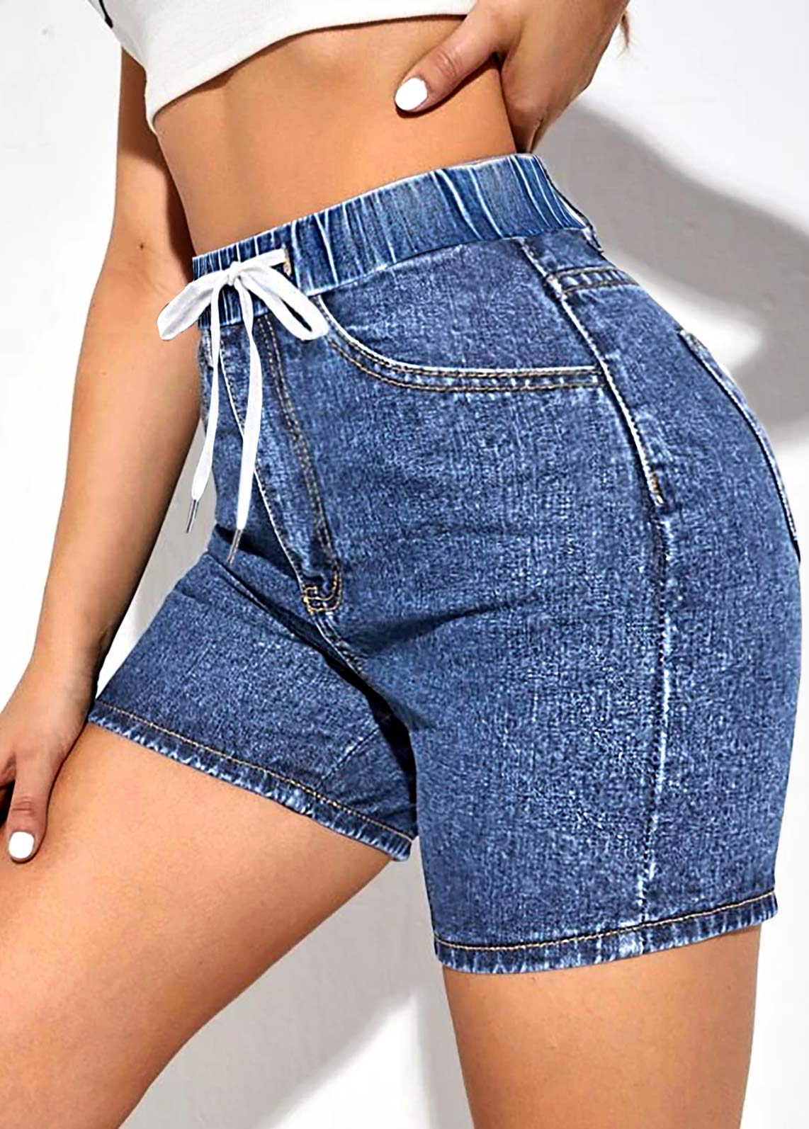 Blue High Waisted Drawstring Detail Denim shorts