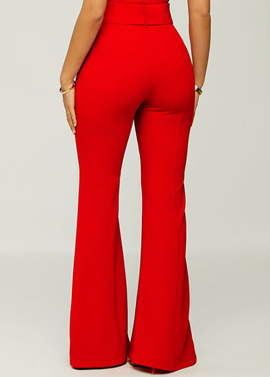 Breathable Belted Red Flare Leg Zipper Fly Pants