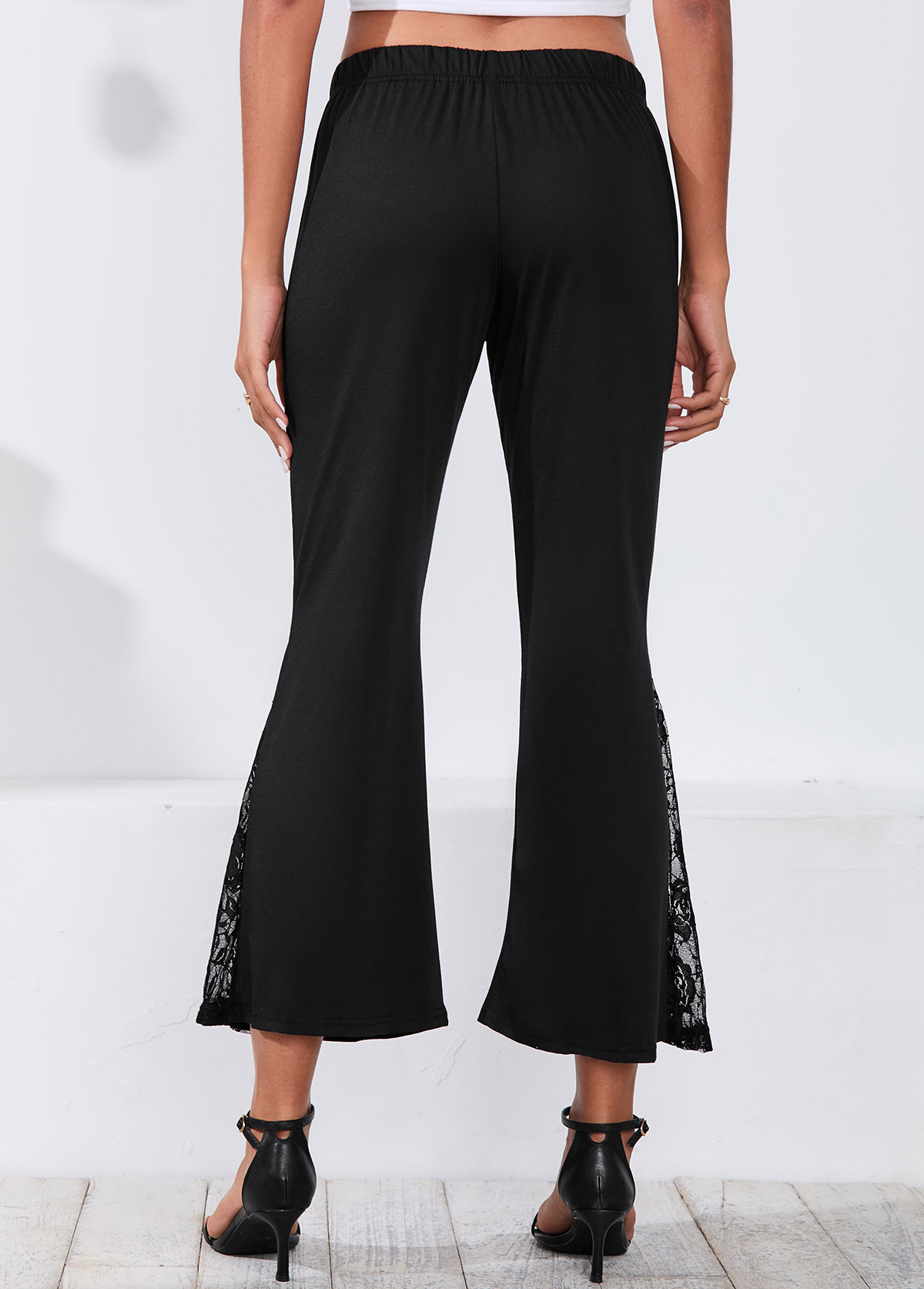Lace Stitching Black Mid Waist Flare Pants